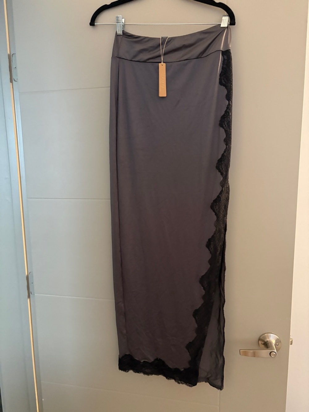 SKIMS Gray Maxi Slip Skirt with Black Lace Side Panel